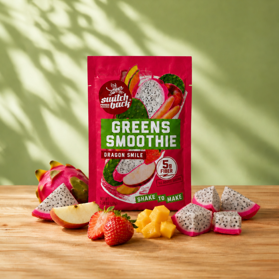 Dragon Smile greens smoothie pouch with apple, mango, guava, strawberry, dragon fruit, carrot, and nopal