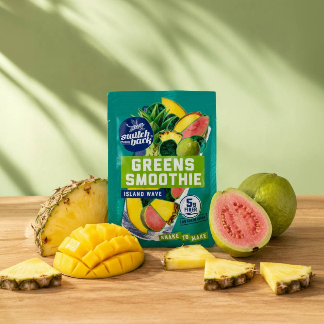 Island Wave greens smoothie pouch with guava, pineapple, mango, spinach, and blue spirulina