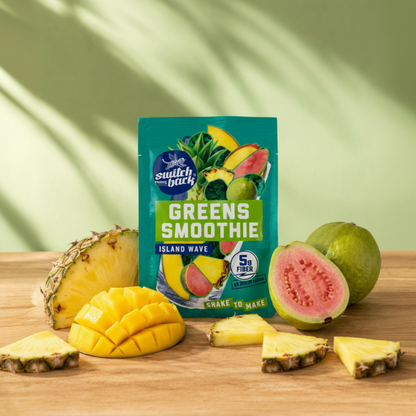 Island Wave greens smoothie pouch with guava, pineapple, mango, spinach, and blue spirulina